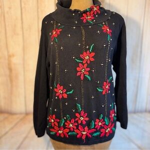 Victoria Jones Black Sweater Red Poinsettia Embroidery and beads, Christmas XL